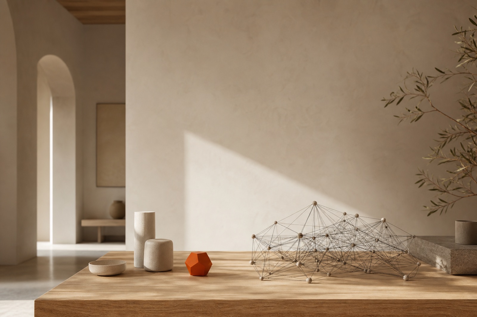 Warm architectural studio interior with a node-network sculpture